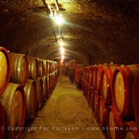 The Tibor Gal (GIA) winery in Eger, underground tunnels with rows of barrels filled with wine.