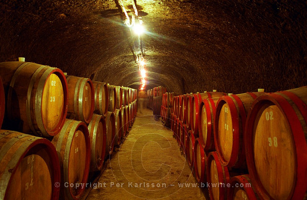 The Tibor Gal (GIA) winery in Eger, underground tunnels with rows of barrels filled with wine.