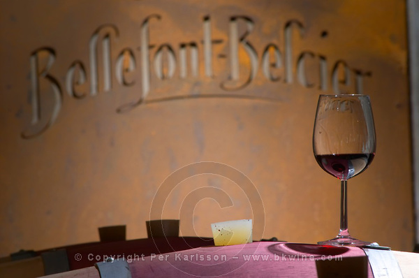 Oak barrel aging and fermentation cellar. Chateau Bellefont Belcier, Saint Emilion, Bordeaux, France